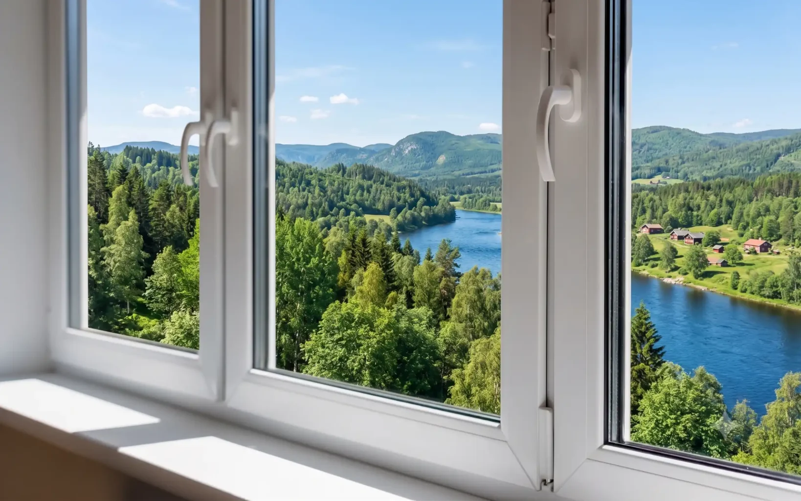 Weiße Kunststofffenster vor einer Landschaft mit Fluss und Wald
