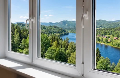 Weiße Kunststofffenster vor einer Landschaft mit Fluss und Wald