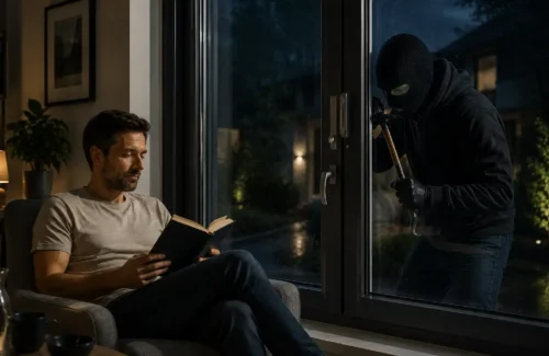 Mann liest vor einem Fenster, das ihn vor einem Einbrecher draußen schützt.