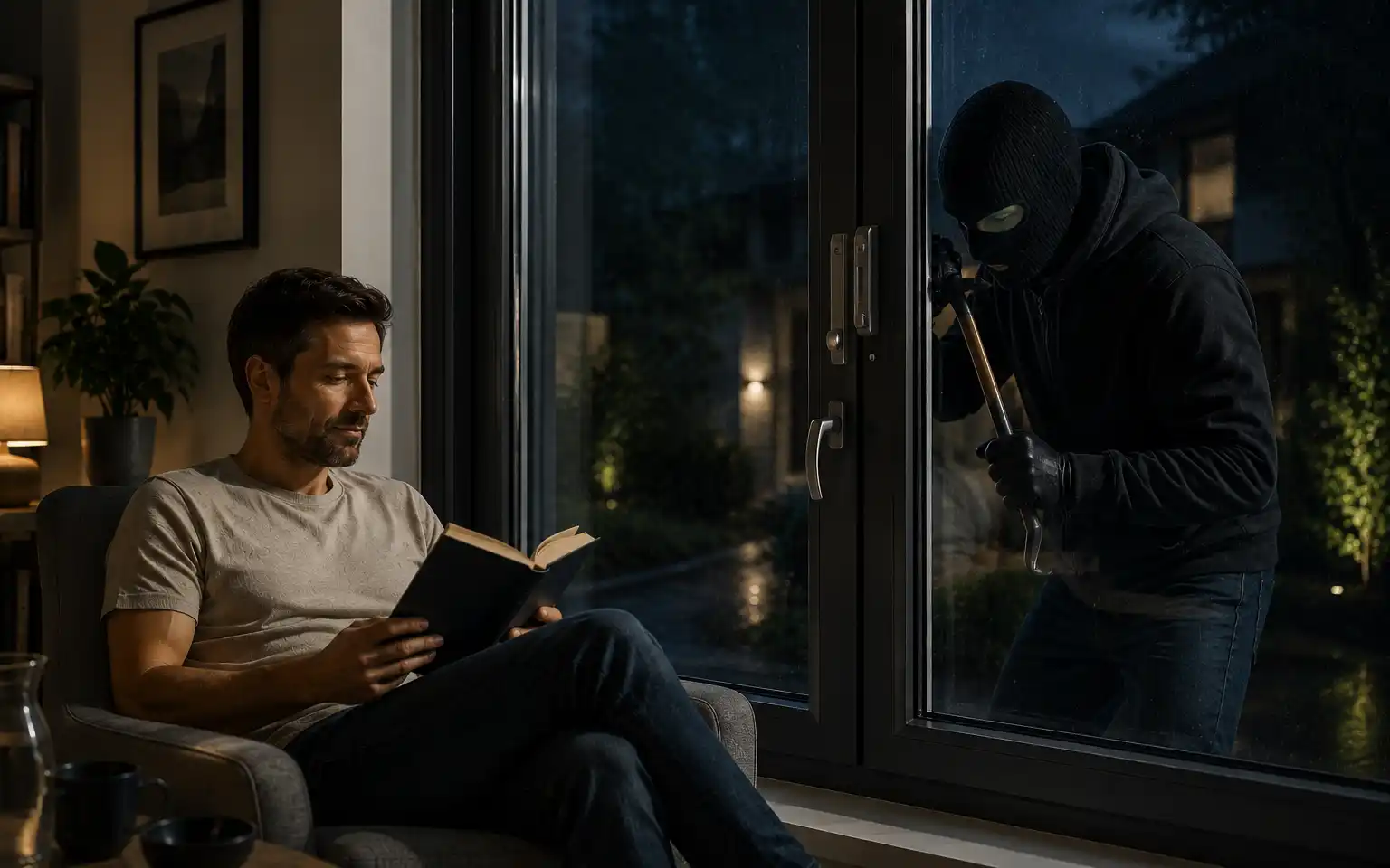 Mann liest vor einem Fenster, das ihn vor einem Einbrecher draußen schützt.