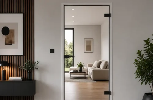Innentür aus Klarglas erlaubt Durchsicht auf modern eingerichtetes Wohnzimmer