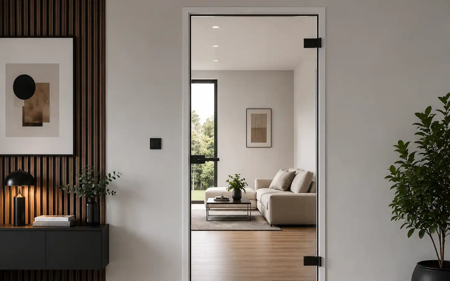 Innentür aus Klarglas erlaubt Durchsicht auf modern eingerichtetes Wohnzimmer