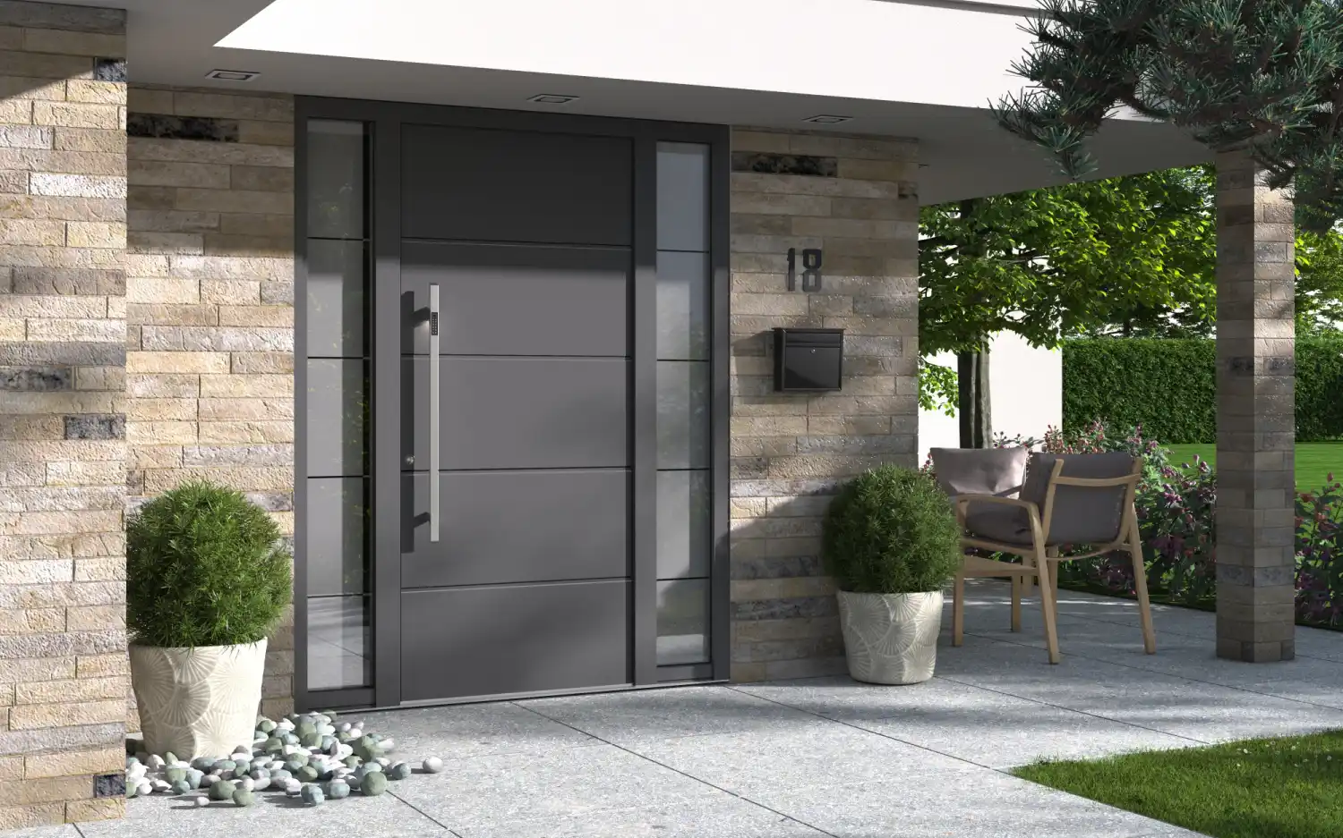 Aluminium Haustür mit zwei seitlichen Gläsern und in modernem Design