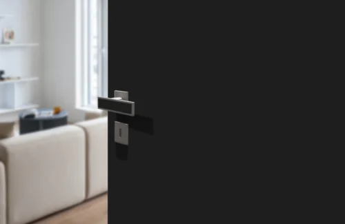 Schwarze moderne Schichtstoff-Innentür mit Fokus auf dem Türgriff