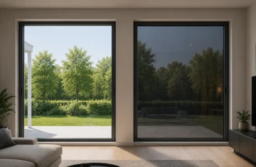 Zwei Glasscheiben in einem Wohnzimmer, wovon die eine Verglasung zum Sonnenschutz abgedunkelt ist.