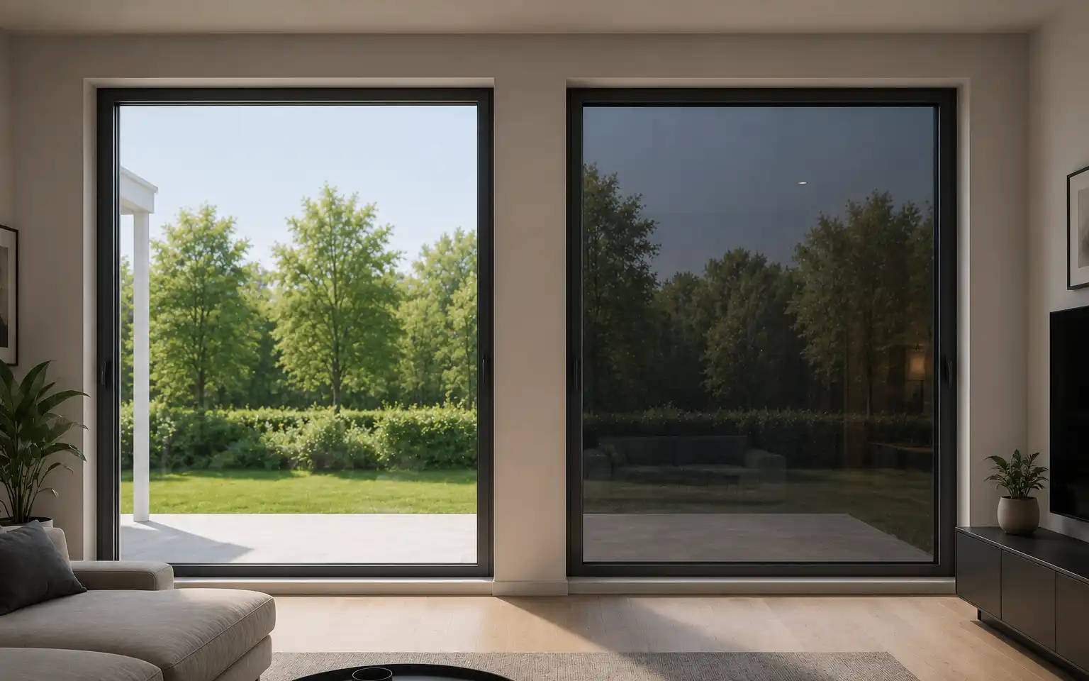 Zwei Glasscheiben in einem Wohnzimmer, wovon die eine Verglasung zum Sonnenschutz abgedunkelt ist.