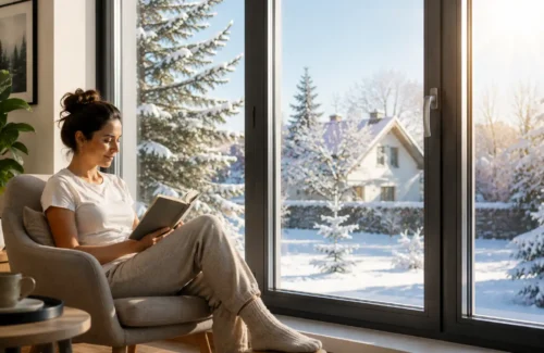 Frau sitzt im Winter lesend vor Fenster mit guter Wärmedämmung