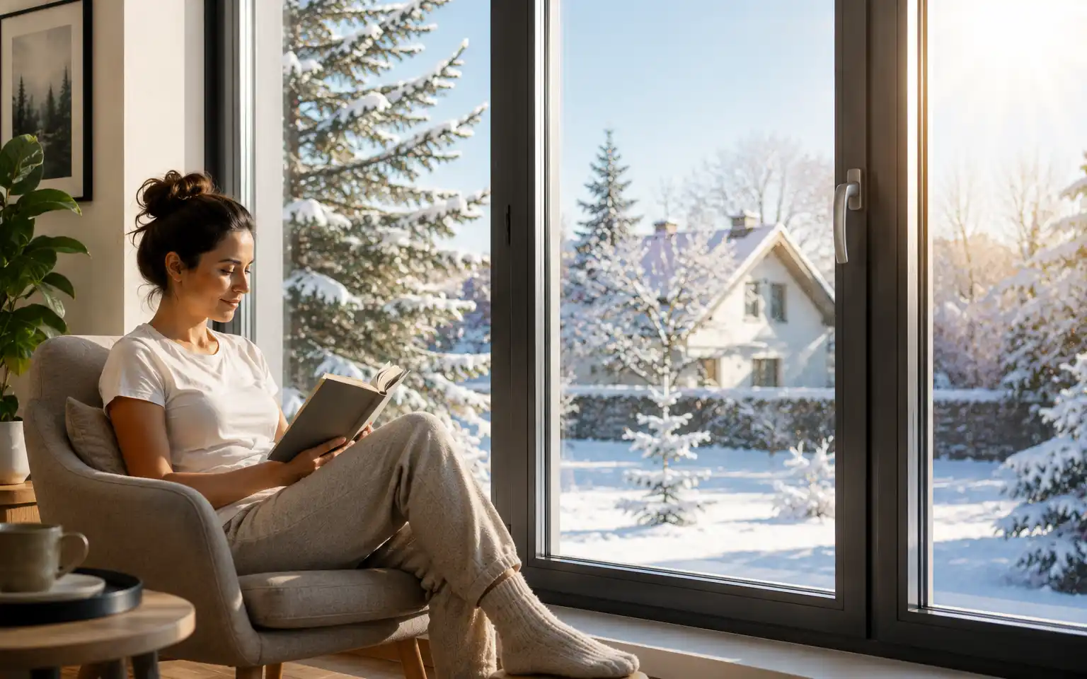 Frau sitzt im Winter lesend vor Fenster mit guter Wärmedämmung